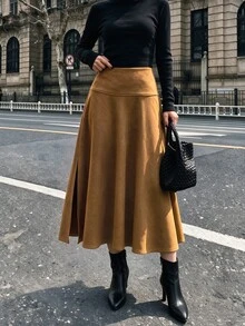 Flora Isola Flora Isola Women's Autumn/Winter Single Piece High Waist Split Side Slit Suede Midi A-Line Skirt, Vintage Elegant Commuter Style Brunch Office Brown Fall - Brown - View 6