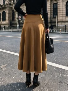 Flora Isola Flora Isola Women's Autumn/Winter Single Piece High Waist Split Side Slit Suede Midi A-Line Skirt, Vintage Elegant Commuter Style Brunch Office Brown Fall - Brown - View 4