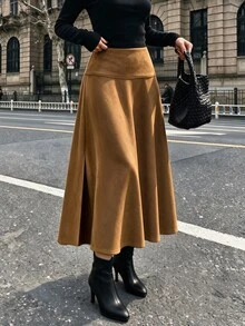 Flora Isola Flora Isola Women's Autumn/Winter Single Piece High Waist Split Side Slit Suede Midi A-Line Skirt, Vintage Elegant Commuter Style Brunch Office Brown Fall - Brown - View 2