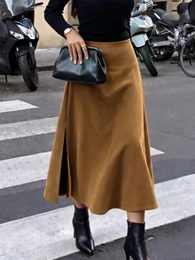 Flora Isola Flora Isola Women's Autumn/Winter Single Piece High Waist Split Side Slit Suede Midi A-Line Skirt, Vintage Elegant Commuter Style Brunch Office Brown Fall - Brown - View 7