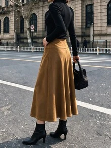 Flora Isola Flora Isola Women's Autumn/Winter Single Piece High Waist Split Side Slit Suede Midi A-Line Skirt, Vintage Elegant Commuter Style Brunch Office Brown Fall - Brown - View 5