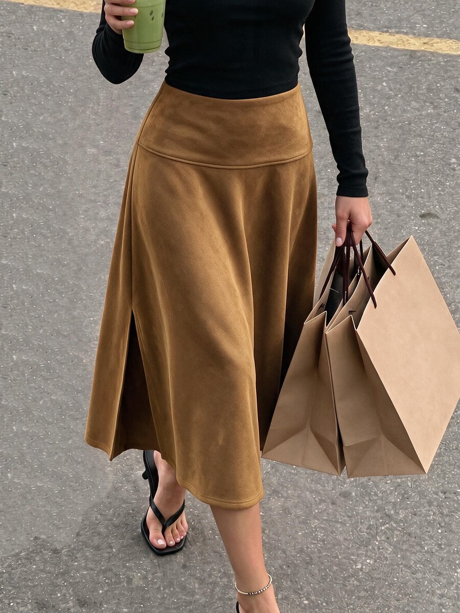 Flora Isola Flora Isola Women's Autumn/Winter Single Piece High Waist Split Side Slit Suede Midi A-Line Skirt, Vintage Elegant Commuter Style Brunch Office Brown Fall - Brown - View 1