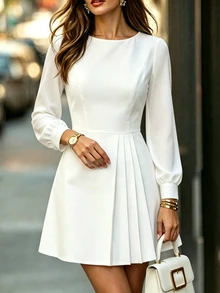 Balvessa Women's White Round Neck Cinched Waist Pleated Asymmetric Short Dress, Suitable For Date And Commute Wear - White - View 1