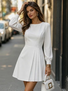Balvessa Women's White Round Neck Cinched Waist Pleated Asymmetric Short Dress, Suitable For Date And Commute Wear - White - View 3