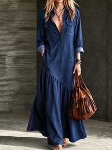LUMIGAL Gaun Liburan Serbaguna Wanita dengan Kancing, Lengan Panjang, dan Saku, Berlipit - Navy Blue - View 6