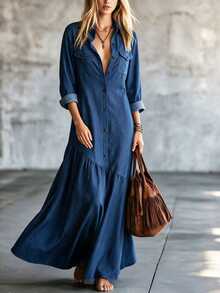 LUMIGAL Gaun Liburan Serbaguna Wanita dengan Kancing, Lengan Panjang, dan Saku, Berlipit - Navy Blue - View 4