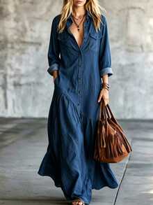 LUMIGAL Gaun Liburan Serbaguna Wanita dengan Kancing, Lengan Panjang, dan Saku, Berlipit - Navy Blue - View 1