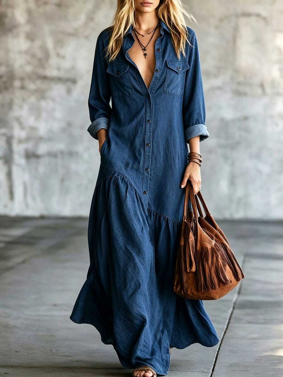 LUMIGAL Gaun Liburan Serbaguna Wanita dengan Kancing, Lengan Panjang, dan Saku, Berlipit - Navy Blue - View 1