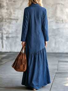 LUMIGAL Gaun Liburan Serbaguna Wanita dengan Kancing, Lengan Panjang, dan Saku, Berlipit - Navy Blue - View 3