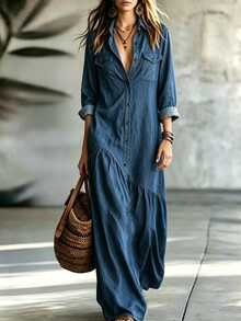 LUMIGAL Gaun Liburan Serbaguna Wanita dengan Kancing, Lengan Panjang, dan Saku, Berlipit - Navy Blue - View 5