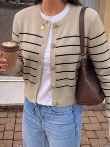 Pariaura Solid Color Knitted Cardigan With Metal Buttons, French Style Open Front Sweater For Spring And Autumn - Camel - View 5
