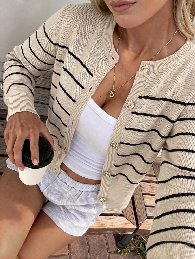 Pariaura Solid Color Knitted Cardigan With Metal Buttons, French Style Open Front Sweater For Spring And Autumn - Camel - View 9