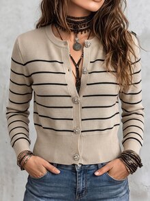 Pariaura Solid Color Knitted Cardigan With Metal Buttons, French Style Open Front Sweater For Spring And Autumn - Camel - View 7