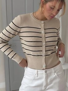 Pariaura Solid Color Knitted Cardigan With Metal Buttons, French Style Open Front Sweater For Spring And Autumn - Camel - View 2