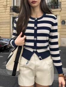 Pariaura Solid Color Knitted Cardigan With Metal Buttons, French Style Open Front Sweater For Spring And Autumn - Royal Blue - View 2