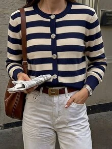 Pariaura Solid Color Knitted Cardigan With Metal Buttons, French Style Open Front Sweater For Spring And Autumn - Royal Blue - View 5