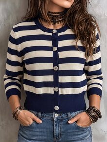 Pariaura Solid Color Knitted Cardigan With Metal Buttons, French Style Open Front Sweater For Spring And Autumn - Royal Blue - View 6