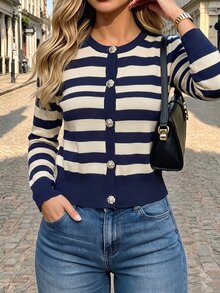 Pariaura Solid Color Knitted Cardigan With Metal Buttons, French Style Open Front Sweater For Spring And Autumn - Royal Blue - View 4