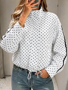 SHEIN PariChic Mantel Motif Polkadot dengan Bahu Longgar dan Tali Serut di Bagian Bawah - Putih - View 5