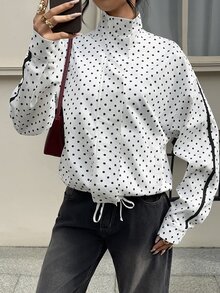 SHEIN PariChic Mantel Motif Polkadot dengan Bahu Longgar dan Tali Serut di Bagian Bawah - Putih - View 8