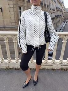 SHEIN PariChic Mantel Motif Polkadot dengan Bahu Longgar dan Tali Serut di Bagian Bawah - Putih - View 7