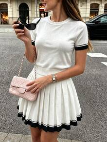 Pariaura Women's Festival Outfits Spring Summer Autumn Winter Contrast Color Round Neck Short Sleeve Knit Top Pleated Knit Skirt 2 Pieces Set White And Black - Apricot - View 7
