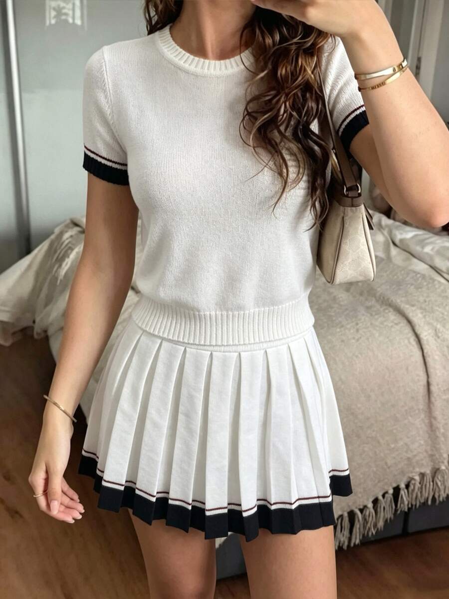 Pariaura Women's Festival Outfits Spring Summer Autumn Winter Contrast Color Round Neck Short Sleeve Knit Top Pleated Knit Skirt 2 Pieces Set White And Black - Apricot - View 1