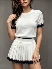 Pariaura Women's Festival Outfits Spring Summer Autumn Winter Contrast Color Round Neck Short Sleeve Knit Top Pleated Knit Skirt 2 Pieces Set White And Black - Apricot - View 6