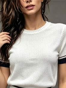 Pariaura Women's Festival Outfits Spring Summer Autumn Winter Contrast Color Round Neck Short Sleeve Knit Top Pleated Knit Skirt 2 Pieces Set White And Black - Apricot - View 5