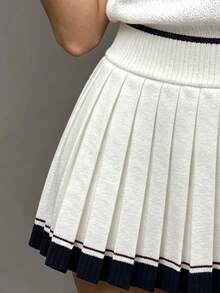 Pariaura Women's Festival Outfits Spring Summer Autumn Winter Contrast Color Round Neck Short Sleeve Knit Top Pleated Knit Skirt 2 Pieces Set White And Black - Apricot - View 4