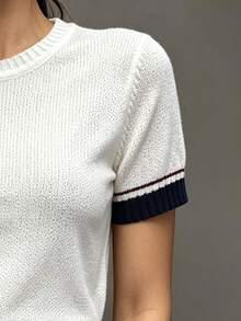 Pariaura Women's Festival Outfits Spring Summer Autumn Winter Contrast Color Round Neck Short Sleeve Knit Top Pleated Knit Skirt 2 Pieces Set White And Black - Apricot - View 3