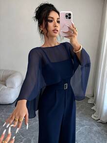 RosyDaze 2026 Fall Winter Women Elegant Chiffon Cape Sleeve Wide Leg Jumpsuit Belted Waist Solid Formal One Piece Outfit For Party Evening Festival Outfits - Navy Blue - View 4