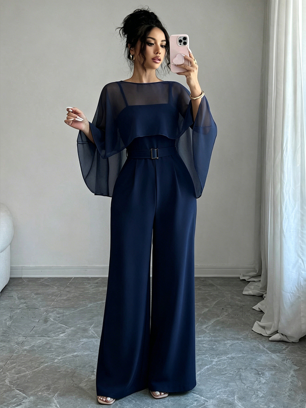 RosyDaze 2026 Fall Winter Women Elegant Chiffon Cape Sleeve Wide Leg Jumpsuit Belted Waist Solid Formal One Piece Outfit For Party Evening Festival Outfits