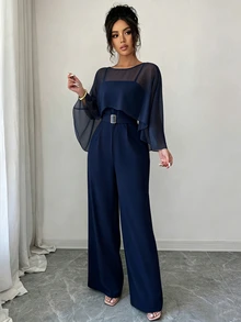 RosyDaze 2026 Fall Winter Women Elegant Chiffon Cape Sleeve Wide Leg Jumpsuit Belted Waist Solid Formal One Piece Outfit For Party Evening Festival Outfits - Navy Blue - View 6