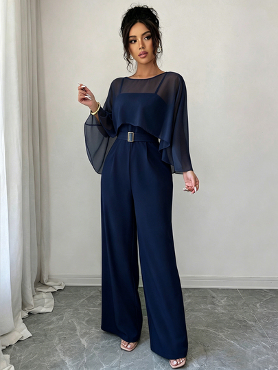 SHEIN Raffinéa 2026 Fall Winter Women Elegant Chiffon Cape Sleeve Wide Leg Jumpsuit Belted Waist Solid Formal One Piece Outfit For Party Evening Festival Outfits