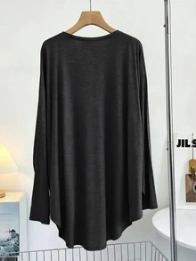 SHEIN Franclia Top Feminina Casual de Cor Sólida, Ajuste Solto, Manga Longa com Bainha Curva, Adequada para Roupa Leve, Roupa de Estar, Escritório, Uso Diário, Viagem, Cinza, Outono - Chumbo - Visão 2