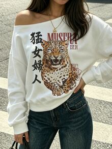 DrmWander Plus-Size Women's Retro Tiger Print Casual Loose Cold Shoulder White Long-Sleeved Sweatshirt Fall - White - View 4