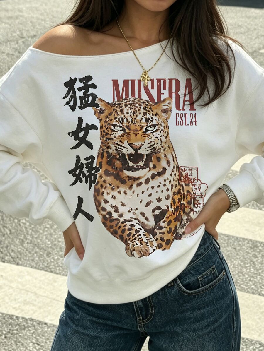 DrmWander Plus-Size Women's Retro Tiger Print Casual Loose Cold Shoulder White Long-Sleeved Sweatshirt Fall - White - View 1