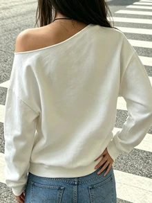 DrmWander Plus-Size Women's Retro Tiger Print Casual Loose Cold Shoulder White Long-Sleeved Sweatshirt Fall - White - View 2