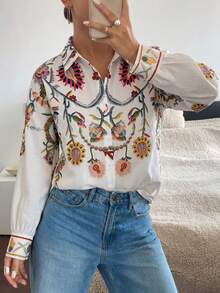 EMERY ROSE Plus Size Vacation Fashion Floral Print Single-Breasted Shirt Fall Brunch All White Boho Casual Bohemian - Multicolor - View 5