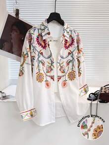 EMERY ROSE Plus Size Vacation Fashion Floral Print Single-Breasted Shirt Fall Brunch All White Boho Casual Bohemian - Multicolor - View 1