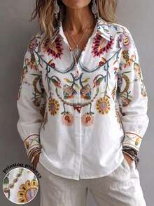 EMERY ROSE Plus Size Vacation Fashion Floral Print Single-Breasted Shirt Fall Brunch All White Boho Casual Bohemian - Multicolor - View 3