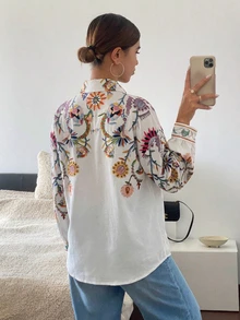 EMERY ROSE Plus Size Vacation Fashion Floral Print Single-Breasted Shirt Fall Brunch All White Boho Casual Bohemian - Multicolor - View 2