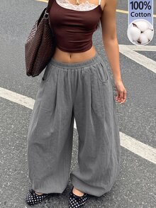 Coolane 女款夏季街頭風休閒百搭日常穿著外出度假水洗100%純棉灰色寬鬆低腰束口燈籠褲 - 灰色 - 查看 4