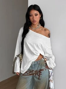 Coolane 女款秋季街頭風休閒 Y2K 基本款日常穿著 對比蕾絲 100% 純棉 白色寬鬆不對稱領口露肩 T-shirt - 白色 - 查看 4