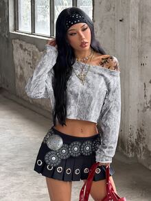 Coolane 女款短版單肩T恤，乾葉與樹枝印花，白色，秋季夜生活穿搭，頹廢風 - 彩色 - 查看 1