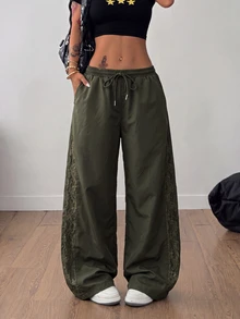 Coolane 女款春夏演唱會街頭風外出色塊拼接降落傘褲 - 軍綠色 - 查看 4