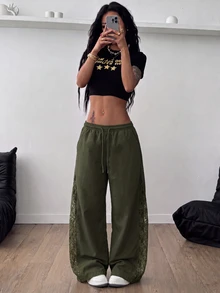 Coolane 女款春夏演唱會街頭風外出色塊拼接降落傘褲 - 軍綠色 - 查看 6