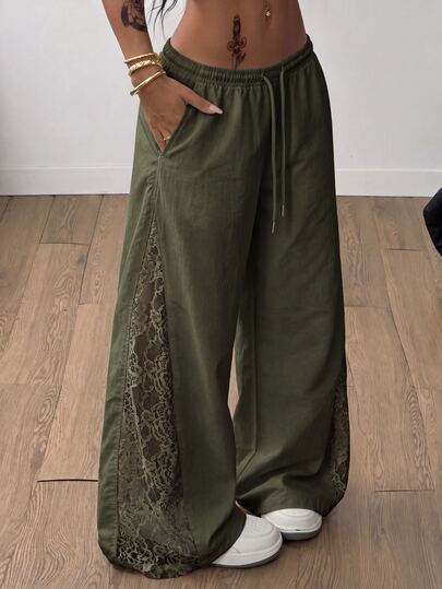 Coolane Women's All-Season Streetwear Sexy Y2k Going Out Casual Back To School Army Green Contrast Lace Low Rise Wide Leg Pants Fall Outfits
