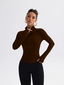 Eassivo Eassivo 修身弹力紧身健身运动跑步拉链长袖瑜伽夹克 - 棕色 - 查看 7
